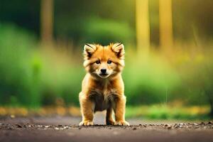 en små hund stående på de väg i främre av en grön bakgrund. ai-genererad foto