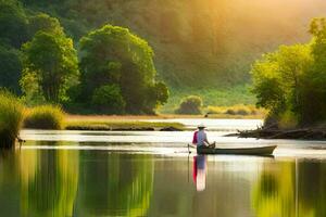 en man i en båt på en flod med träd och gräs. ai-genererad foto