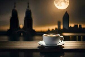 kaffe kopp på de tabell med stad i de bakgrund. ai-genererad foto