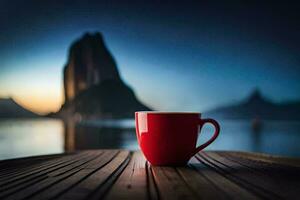 en röd kaffe kopp sitter på en trä- tabell utsikt en sjö. ai-genererad foto
