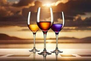 tre vin glasögon med annorlunda färgad vätskor på en tabell. ai-genererad foto