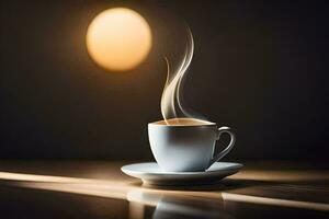 en kopp av kaffe med ånga kommande ut av Det. ai-genererad foto