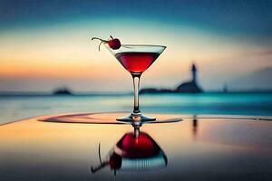 en cocktail i en glas på de strand. ai-genererad foto