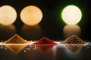 en grupp av kryddor och kryddor på en tabell. ai-genererad foto