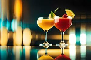 två glasögon av cocktails på en tabell med suddig bakgrund. ai-genererad foto