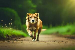 en hund löpning på en smuts väg i de mitten av en fält. ai-genererad foto