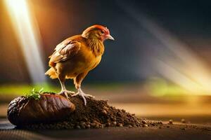 en kyckling stående på topp av smuts med en nöt. ai-genererad foto