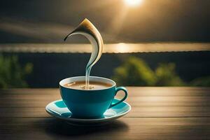 en kopp av kaffe med en skön solnedgång. ai-genererad foto