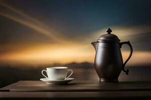 de kaffe pott och de kopp är på en trä- tabell i främre av en skön solnedgång. ai-genererad foto