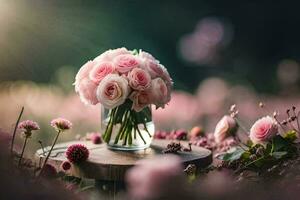 rosa ro i en vas på en tabell. ai-genererad foto