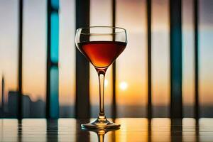 en glas av vin på en tabell i främre av en stad horisont. ai-genererad foto