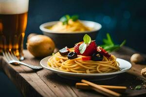 spaghetti med oliver och bär på en trä- tabell. ai-genererad foto