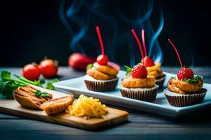 små muffins med ost och frukt på en trä- styrelse. ai-genererad foto