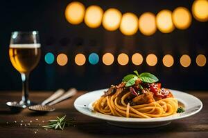 spaghetti med kött och tomat sås på en tallrik. ai-genererad foto