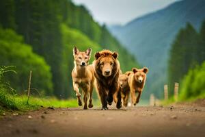 en grupp av brun björnar gående ner en väg. ai-genererad foto