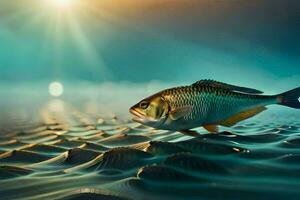 en fisk simning i de hav med de Sol lysande. ai-genererad foto