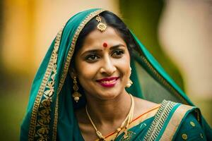 en skön indisk kvinna i en grön sari. ai-genererad foto