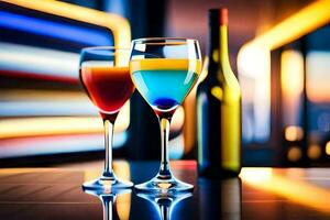 två glasögon av vin och en flaska av vin på en tabell. ai-genererad foto