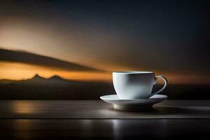 en kopp av kaffe på en tabell med en se av de berg. ai-genererad foto