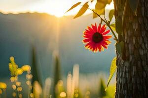 en röd blomma är växande ut av en träd trunk på solnedgång. ai-genererad foto