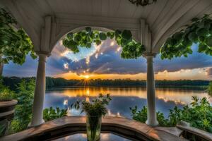 naturskön landskap strålar av ljus solnedgång reflexion på vatten skapas med generativ ai teknologi foto