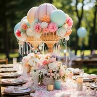 nyckfull varm luft ballong mittpunkten med blommor och band foto