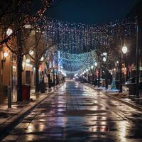 färgrik jul lampor och dekorationer på en stad gata foto