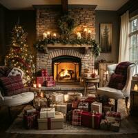 mysigt levande rum med jul träd, strumpor, och brand sprakande. foto