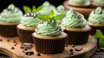 mynta choklad chip muffins med mynta glasyr och choklad spån foto