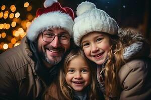 Lycklig familj i santa hattar med gåvor och dekorationer foto