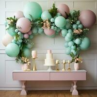 pastell ballong krans med blommor och grönska foto