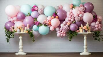 pastell ballong krans med blommor och grönska foto