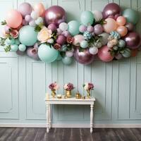 pastell ballong krans med blommor och grönska foto