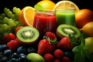 vibrerande sortiment frukt grönsaker smoothies ai genererad foto