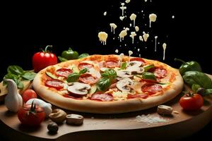 vit isolering spotlights de utsökt medley av pizza Ingredienser ai genererad foto