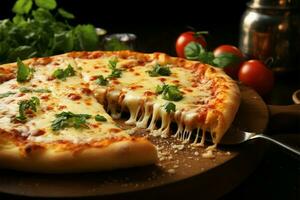 varm italiensk pizza, ost stretching, toppade med fyra ostar och basilika ai genererad foto