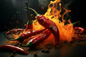 pyrande chili peppar, tillsats krydda till maträtter ai genererad foto