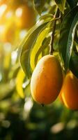 tropisk mogen gul mango frukt hängande på träd gren med skön bruka och solljus ai genererad foto