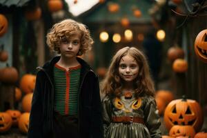 en flicka och pojke i en halloween kostym stå bredvid pumpor ai genererad foto