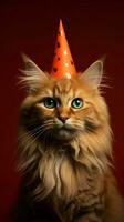 röd bakgrund, festlig kattdjur med födelsedag hatt ai genererad foto