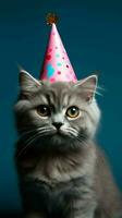 katt med födelsedag hatt, pott födelsedag, isolerat på blå bakgrund ai genererad foto