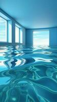 skimrande blå vatten yta i tömma rum vertikal mobil tapet ai genererad foto