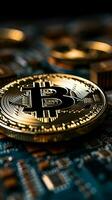 stänga upp Foto av bitcoin crypto valuta vertikal mobil tapet ai genererad