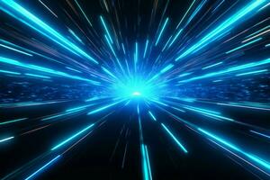 trogen 3d tolkning blå neon varp hoppa balkar i Plats tunnel ai genererad foto