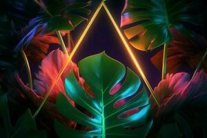 lysande neon och frodig monstera blad sammanfoga i levande 3d ai genererad foto