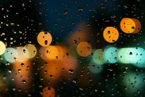 regndroppar fläck på glas, en städer nattlig bakgrund framträder mjukt ai genererad foto
