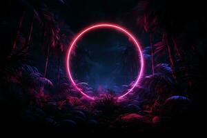 tropisk lövverk i de natt djungel med neon glöd cirklar ai genererad foto
