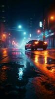 neonbelyst urban miljö med sökarljus stråle, rökig abstrakt atmosfär på våt asfalt vertikal mobil tapet ai genererad foto