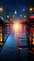 neonbelyst gator, sökarljus strålar, och rökig abstrakt atmosfär på våt asfalt vertikal mobil tapet ai genererad foto