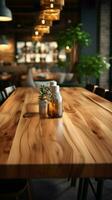 mjukt suddig restaurang atmosfär kompletterar de trä- bordets topp vertikal mobil tapet ai genererad foto